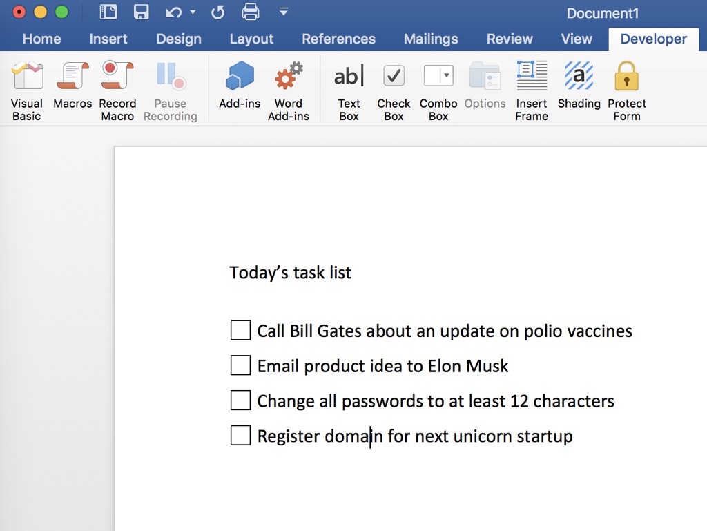How to create check boxes in word